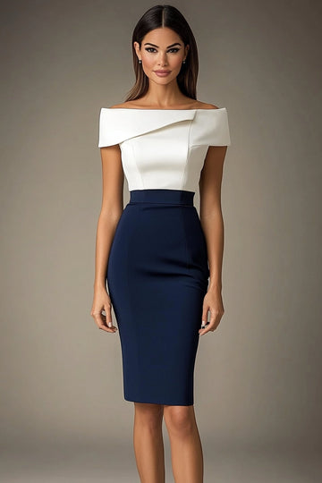 White and Navy Satin Off The Shoulder Bodycon Midi Work Dress